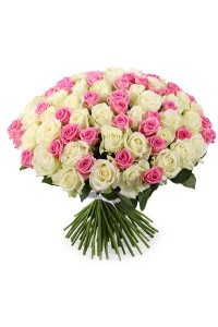 Букет из 101 белой и розовой розы (с лентой)