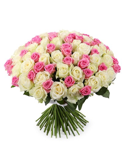 Букет из 101 белой и розовой розы (с лентой)