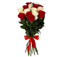Букет из 15 белой и красной розы(с лентой)