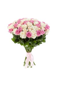 Букет из 51 белой и розовой розы (с лентой)