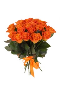 Букет из 21 оранжевой розы "Закат" с атласной лентой